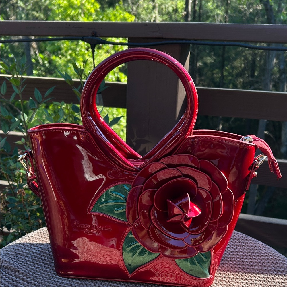 Patent Red Floral Applique Shoulder Bag with Detachable Strap